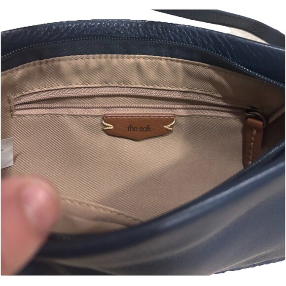 Minimalist THE SAK Flora Soft Leather Small Satchel Crocheted Trim Navy Blue - Picture 3 of 5